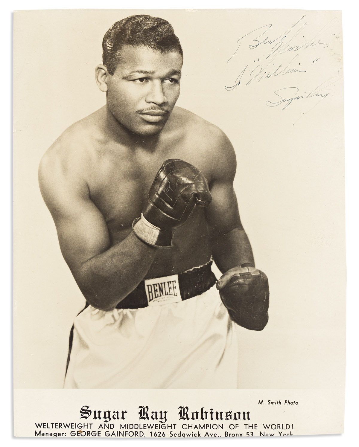 ROBINSON, SUGAR RAY. Photograph Signed and Inscribed, Best / Wishes / To William / Sugar Ray,